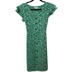 Monteau Los Angeles Kelly Green Floral Button Front Midi Dress Cottage Country S